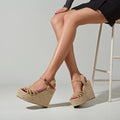 European And American-style Woven Hemp Rope Strap Womens Shoes With Wedge Heels And Thick Soles