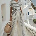 Womens Crew-neck Striped Short-sleeve Top And Straight-leg Wide-leg Pants Two-piece Set