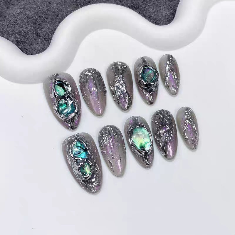 Handcrafted Blush-colored Aurora Cat-eye Glittering Rhinestone Luxury Wearable Nails