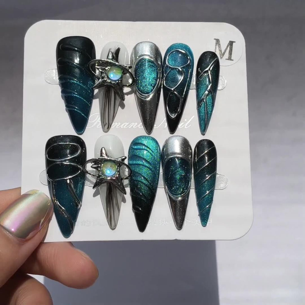 Wearable Nail Relief Long Pointed Blue Sapphire Three-dimensional