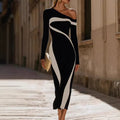 Black And White Color-block Knitted Off-shoulder Long-sleeve Dress